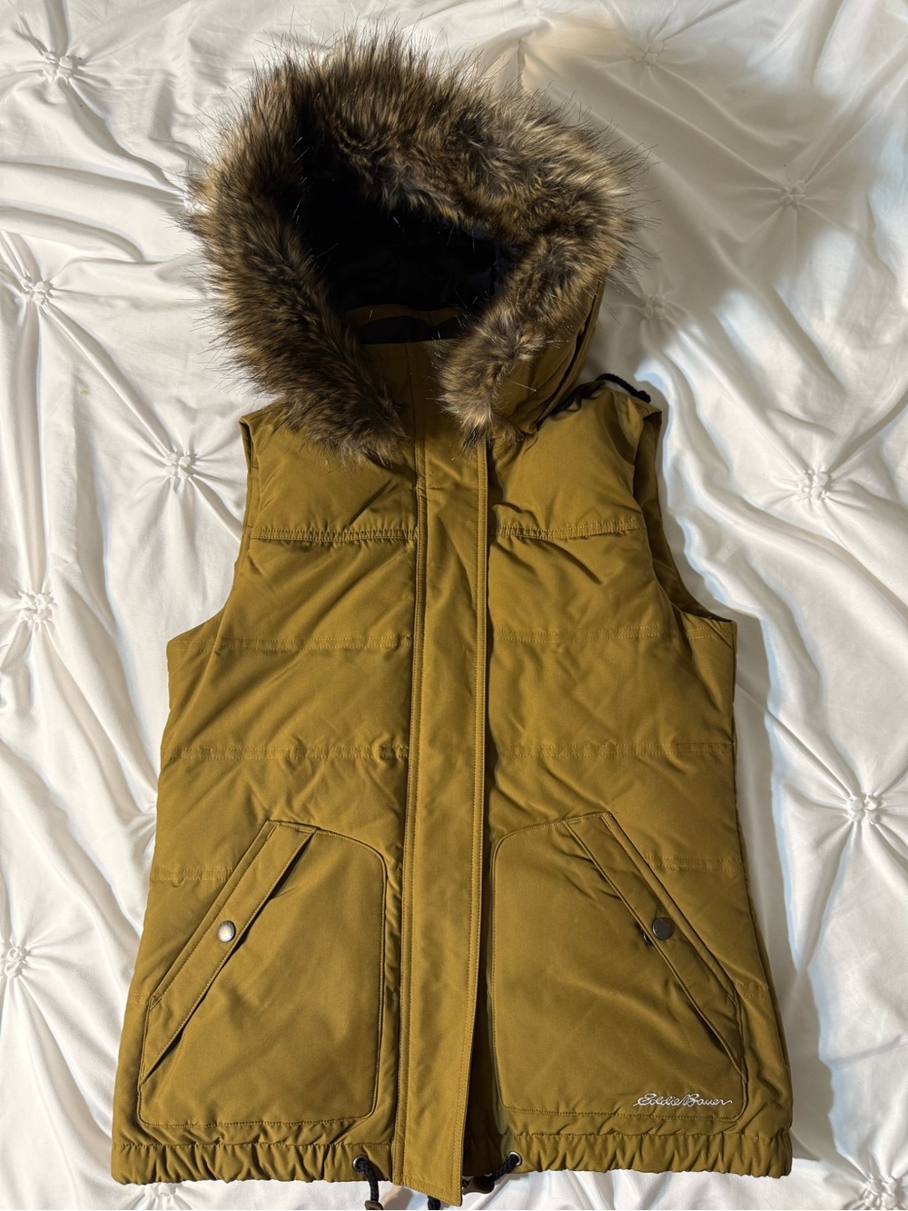 Eddie Bauer Mustard Hooded Puffer Vest with Faux Fur Trim